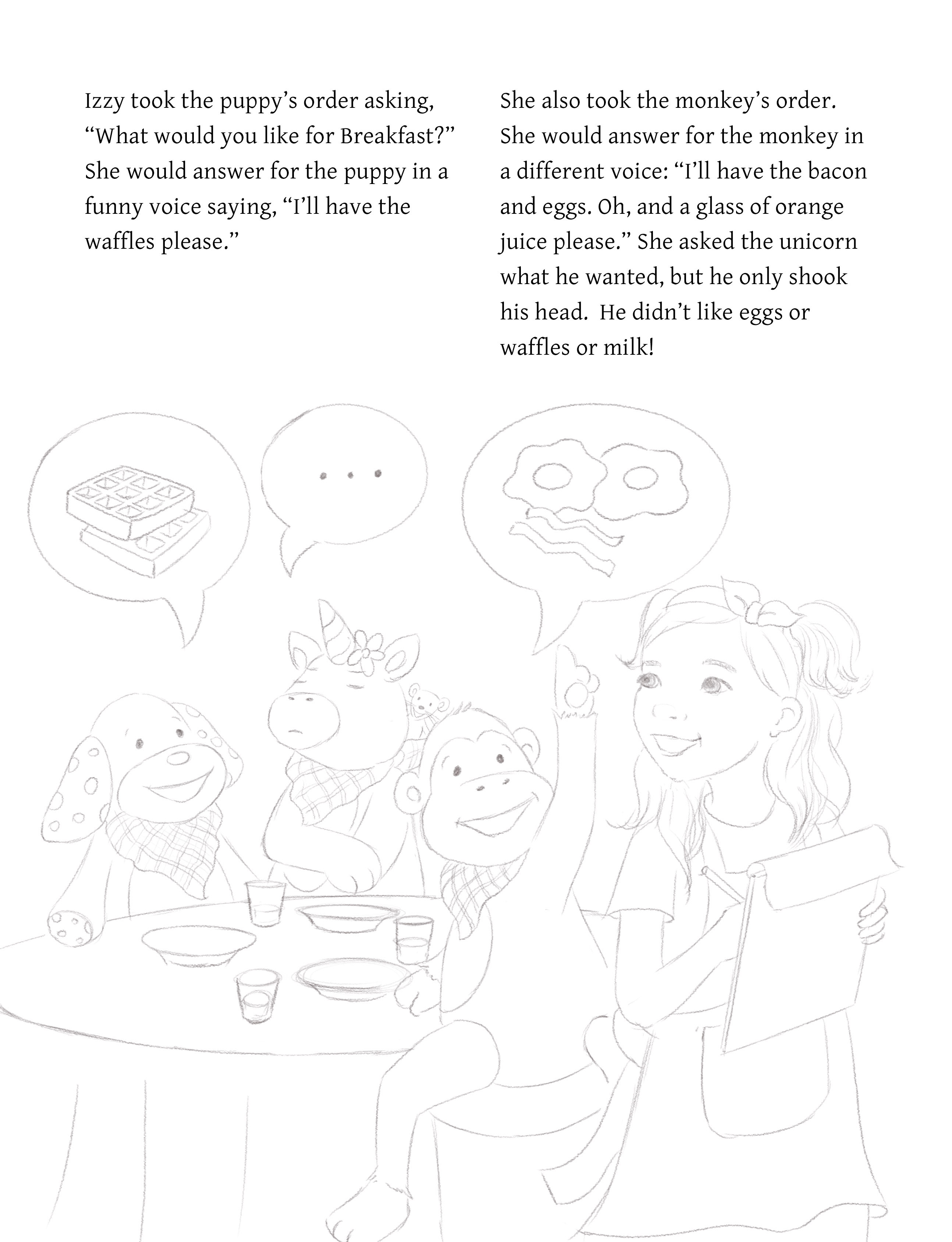 Refined black and white line art of Izzy taking her stuffed animals' breakfast order, from 'Playtime with Izzy'.